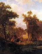 Albert Bierstadt Indian Encampment, Shoshone Village - in a riparian forest, western United States painting